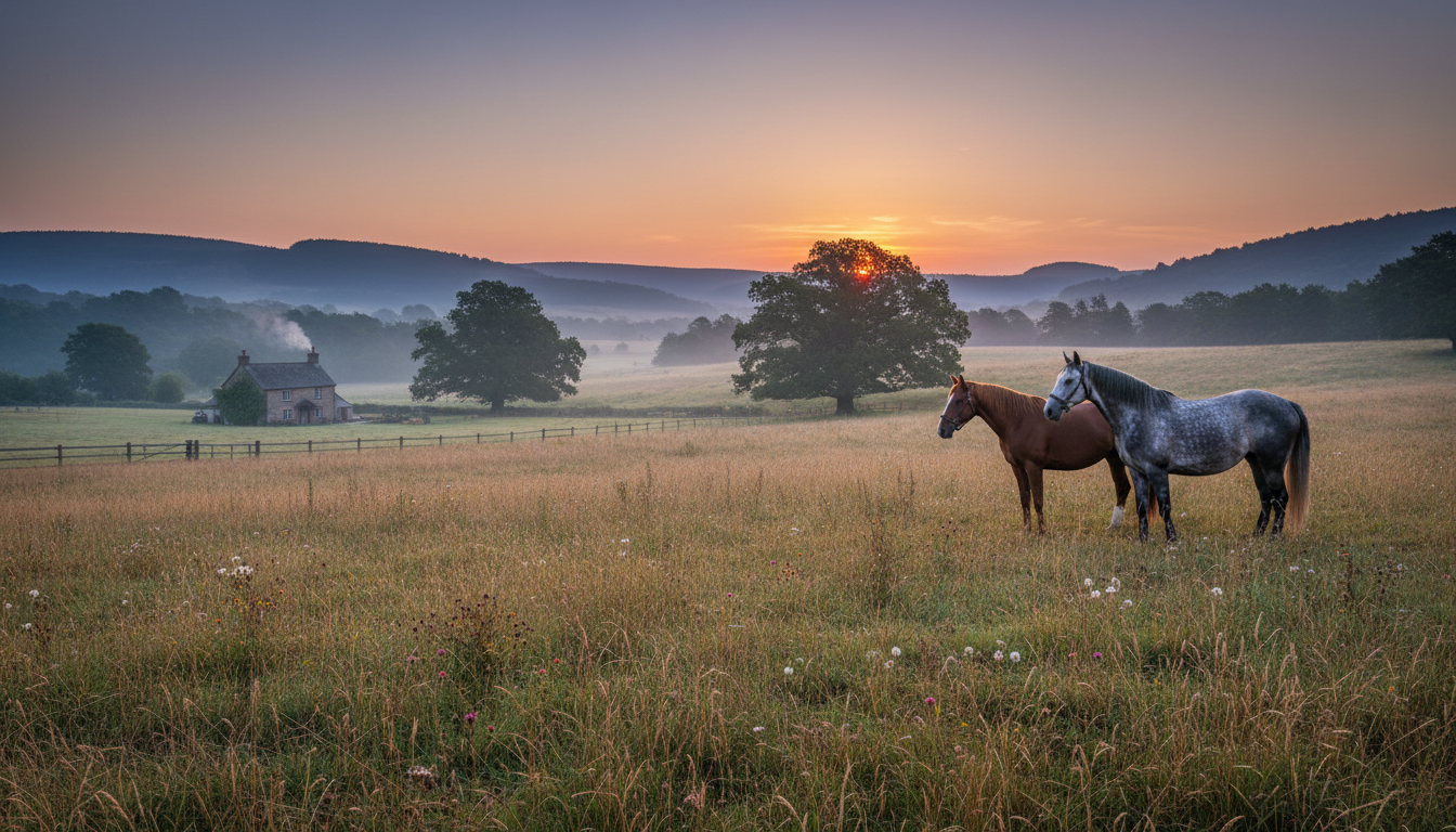 A peaceful horse with lowered head on a green meadow, gentle hills in the background under an evening sky.